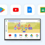 Illustration of a tablet screen showing an android home with app icons, and four floating icons above: play store, youtube, docs, and gallery.