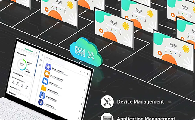Laptop showing a device management dashboard with a cloud icon and many connected screens representing centralized it management.