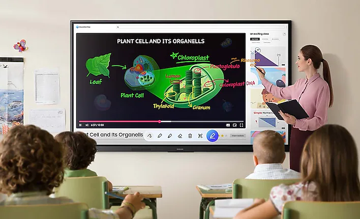 Teacher explains a colorful plant cell diagram on a large interactive screen to attentive students in a classroom.