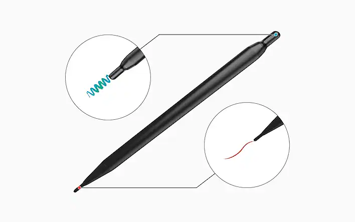 Black digital stylus with a fine tip; insets show the tip drawing a blue spiral and a red stroke to illustrate writing/drawing