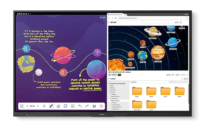 Large monitor showing a space diagram with planets on the left and a browser with a solar-system image and folders on the right.