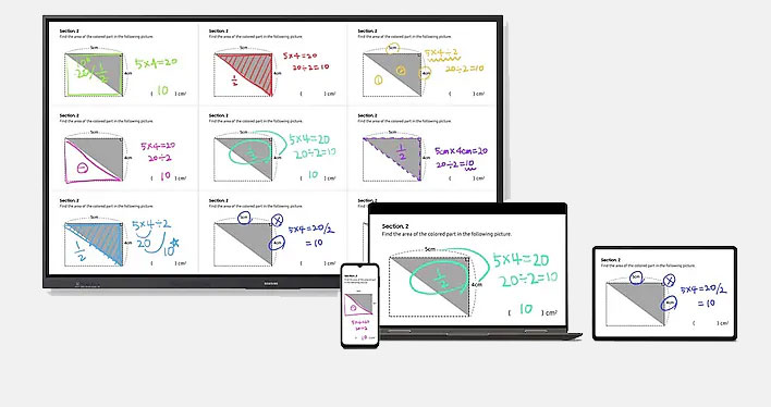 Composite image showing a math lesson about prisms: multiple colored prism diagrams with algebraic steps across a large monitor, laptop, tablet, and phone.