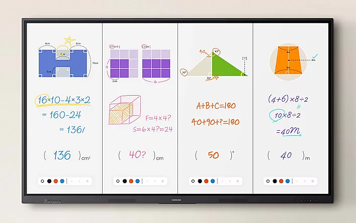 Four-panel whiteboard with math problems and drawings: stadium diagram and equations on panel 1, grid sketches and a cube on panel 2, a triangle with angles and algebra on panel 3, and a conical figure with a vertical height on panel 4.