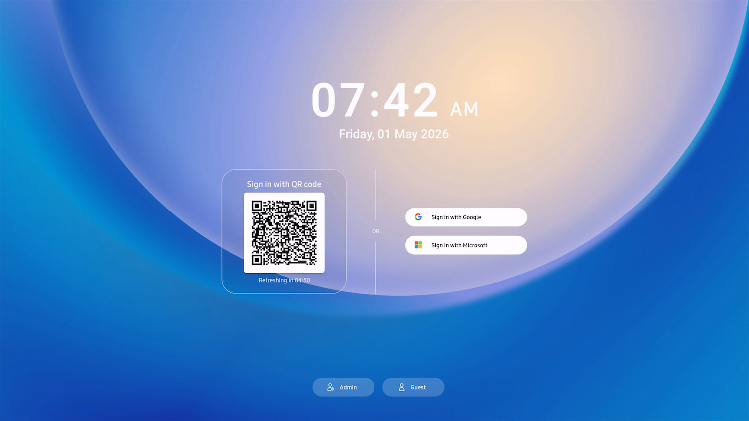 Login screen showing time 07:42 am and date; left panel contains a qr code for sign-in with a refresh timer; right side offers sign in with google or sign in with microsoft; admin and guest options at the bottom.