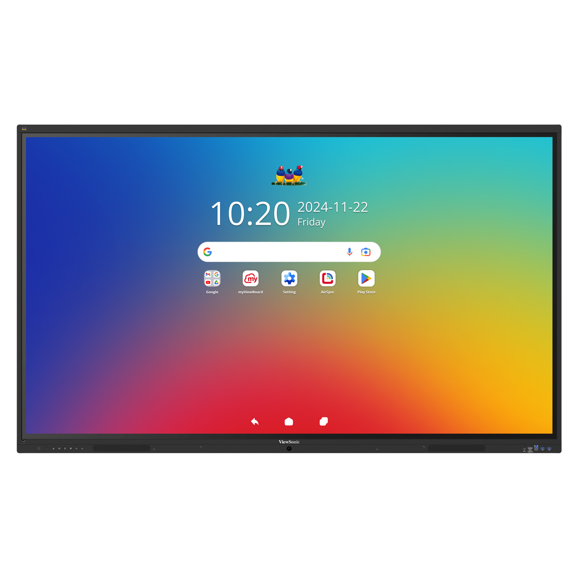 ViewSonic monitor displaying a colorful gradient wallpaper with app icons along the bottom edge of the screen.