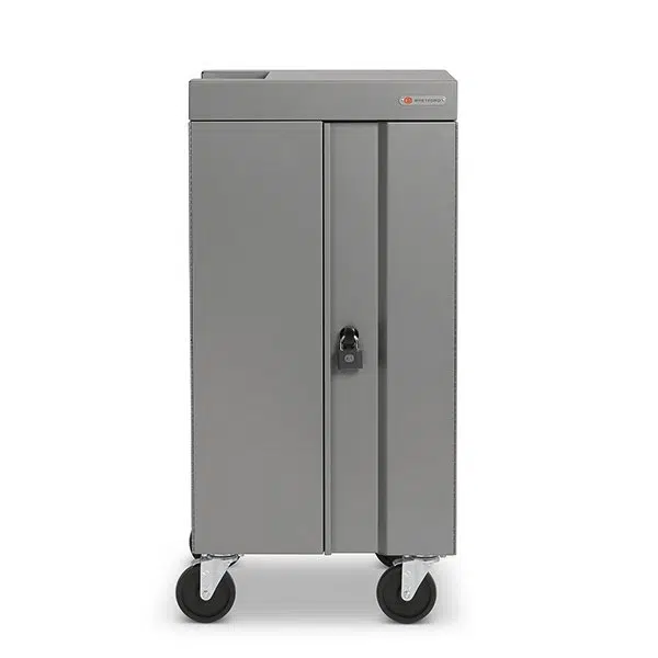 Grey metal locking mobile storage cabinet on four caster wheels with two vertical doors and a central lock.