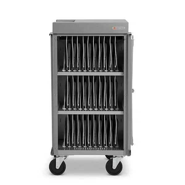 Three-tier mobile knife rack on wheels with rows of knives stored upright in a professional kitchen cart.