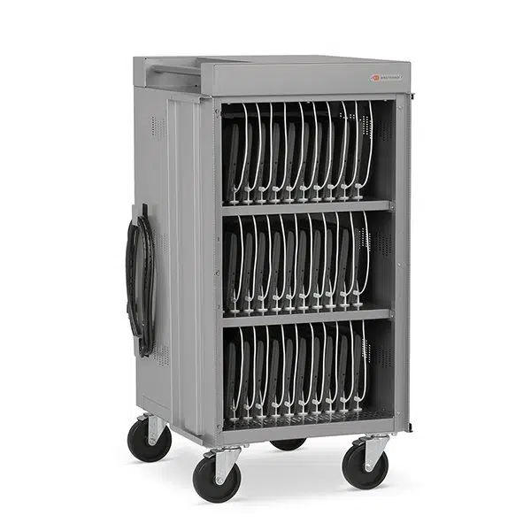 Mobile metal dish rack cart with multiple upright plate holders on three shelves and large wheels for transport