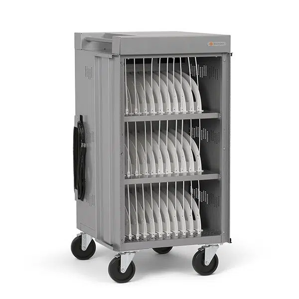 Three-tier mobile dish rack on a wheeled cart, with multiple curved plate holders on each shelf and a side handle in a kitchen setting.