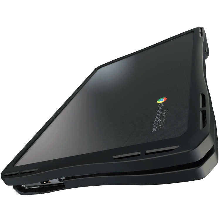 Black Chromebook with a protective case, angled to show the Chrome logo on the lid.