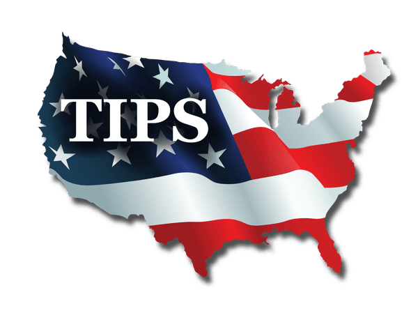 Map of the united states filled with an american flag design and the word tips.