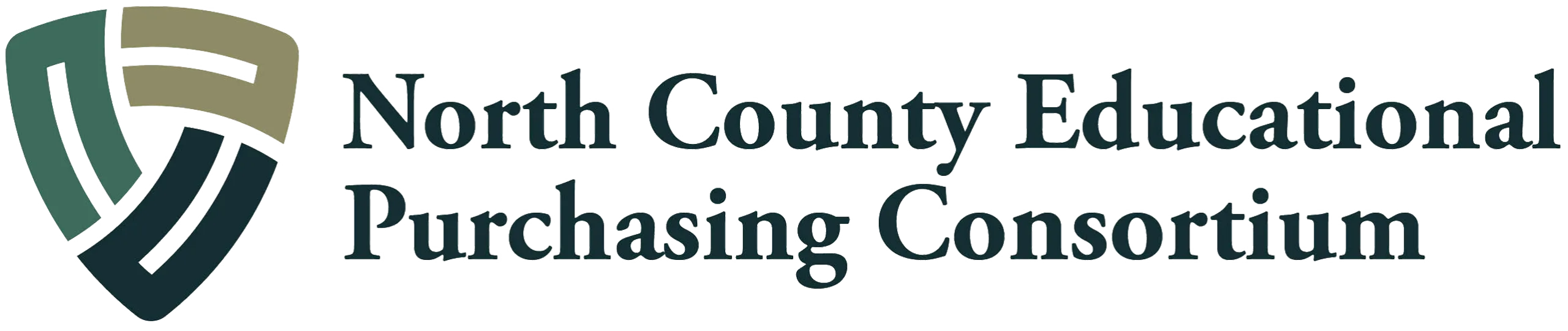 Logo for north county educational purchasing consortium featuring a stylized shield emblem on the left and the organization name in serif typography on the right.