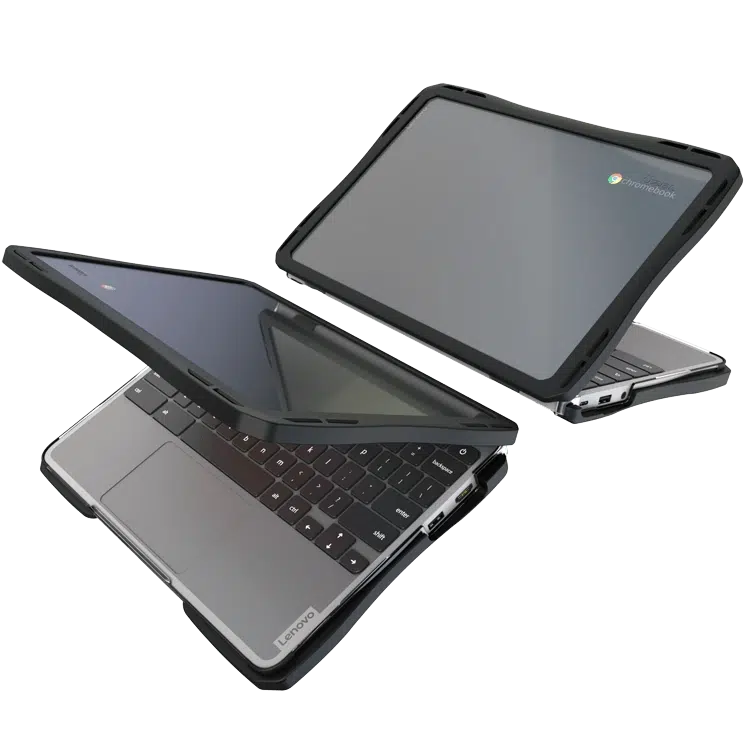 Three convertible laptops stacked on top of each other, with touchscreen displays in tablet mode; visible Lenovo and Chrome OS branding on the screens.