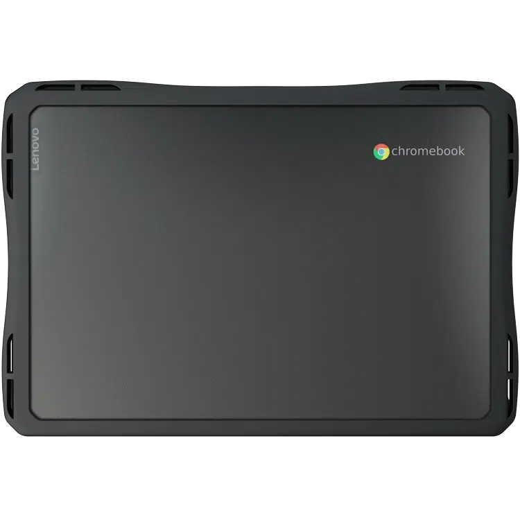 Rugged Lenovo Chromebook tablet in a thick protective case, black screen front view showing Lenovo logo on the left and Chromebook logo on the top right.
