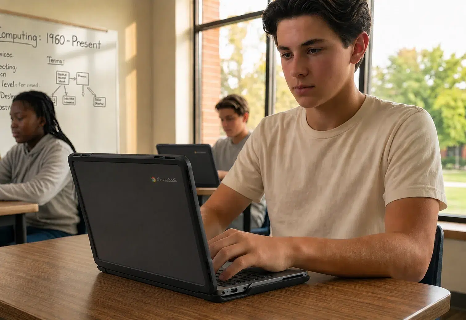 Teenager typing on a Chromebook at a wooden desk in a classroom, with other students and a whiteboard behind him.