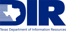 Texas department of information resources (dir) logo in blue with a texas silhouette