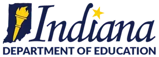 Indiana department of education logo with blue and gold torch graphic and wordmark
