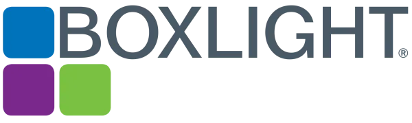 BOXLIGHT logo: blue square above purple and green squares to the left of the word BOXLIGHT