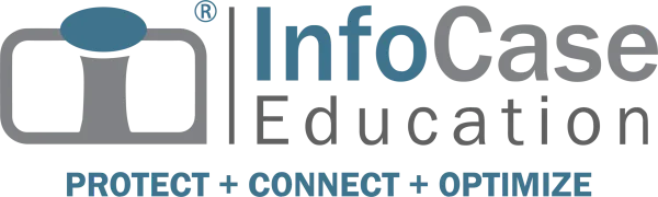 Logo with a monitor icon and the word 'Info' in blue, plus gray 'Security' text and the slogan 'Protect + Connect + Optimize'.