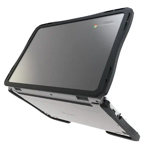 Rugged 2-in-1 tablet with thick protective case and detachable keyboard, shown at an angled side view