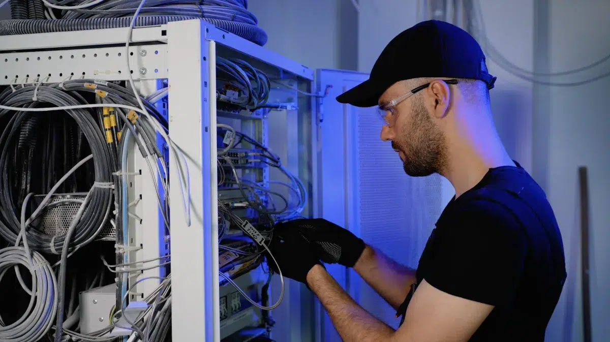 IT technician wearing a cap and gloves servicing a server rack in a data center with many cables