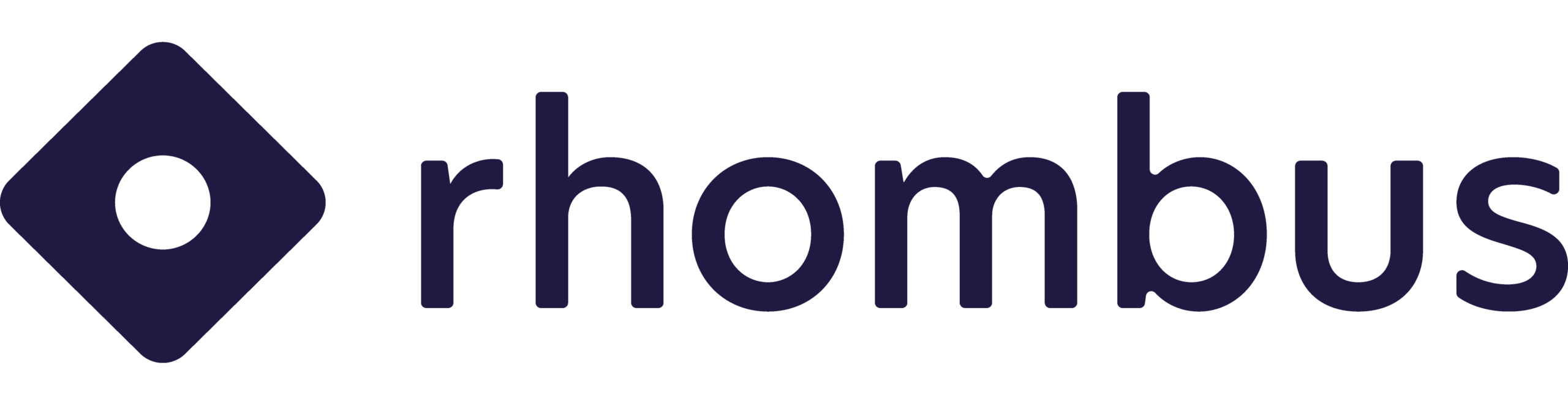Rhombus logo: a dark purple diamond shape with a circular hole, followed by the lowercase word 'rhombus'