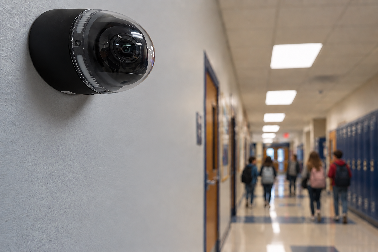 Surveillance camera mounted on a hallway wall watches a school corridor with students walking by.