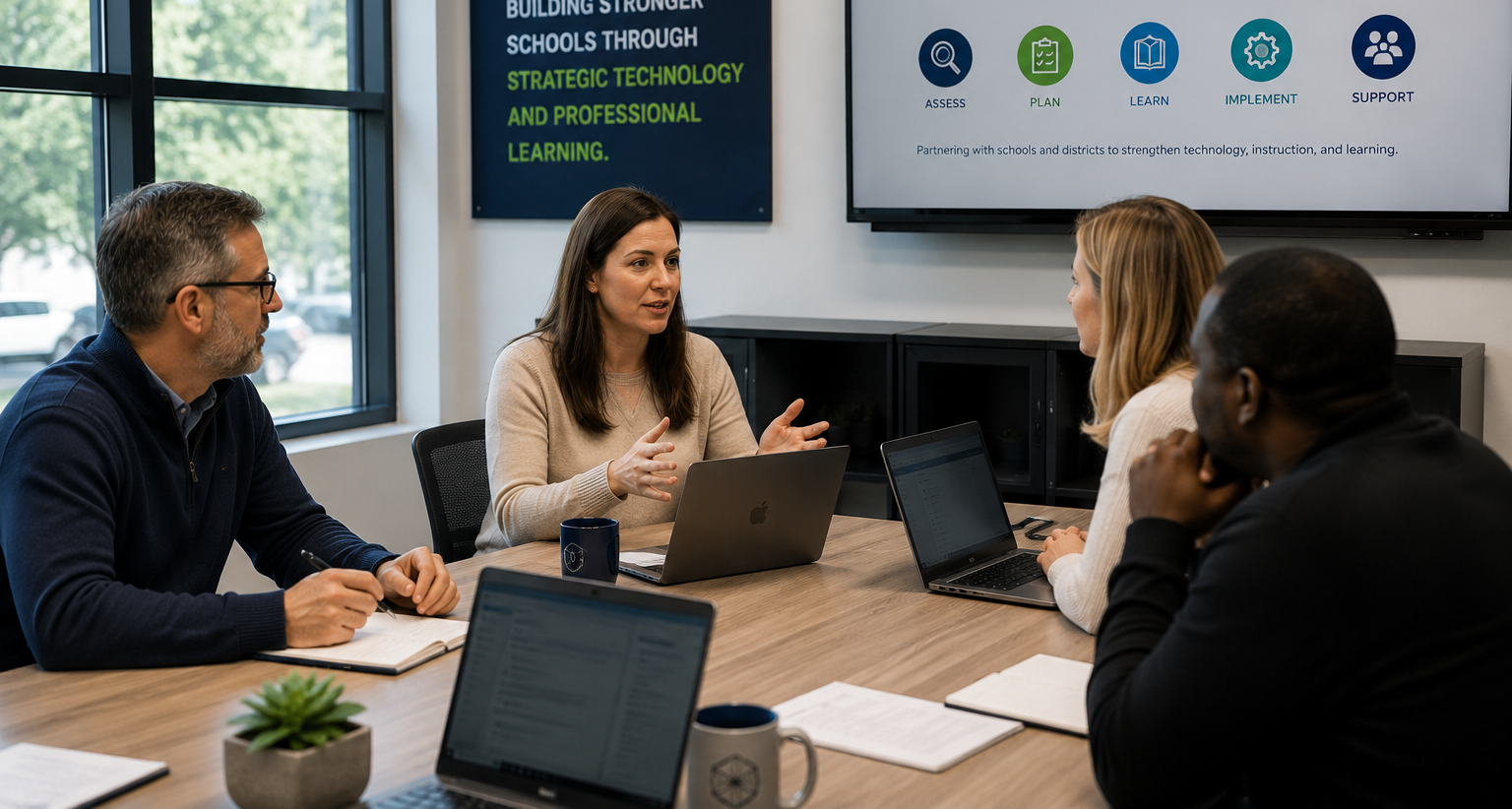 Team of four in a conference room collaborating around a wooden table with laptops in use. A presentation screen reads 'educational collaborators'.