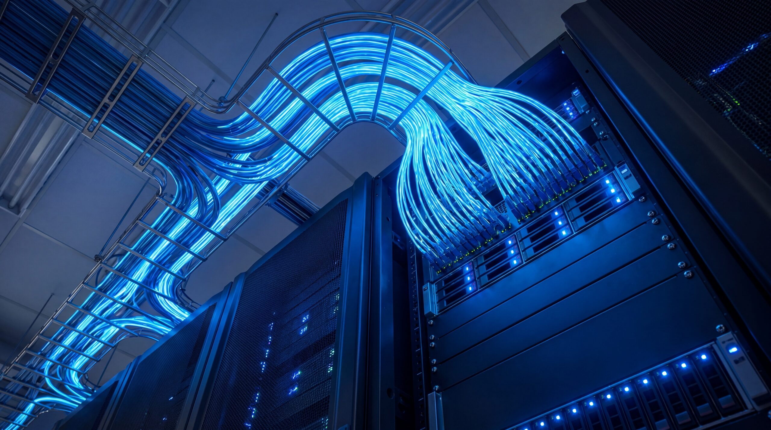 Blue fiber optic cables arc through a server rack in a data center, illuminated by cool blue lighting.