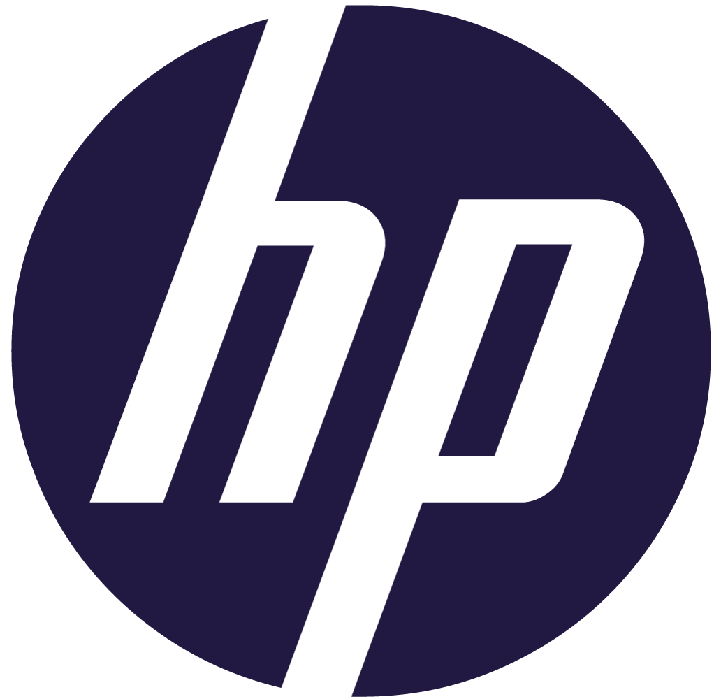 Hp logo: white stylized letters inside a dark purple circle (brand mark).